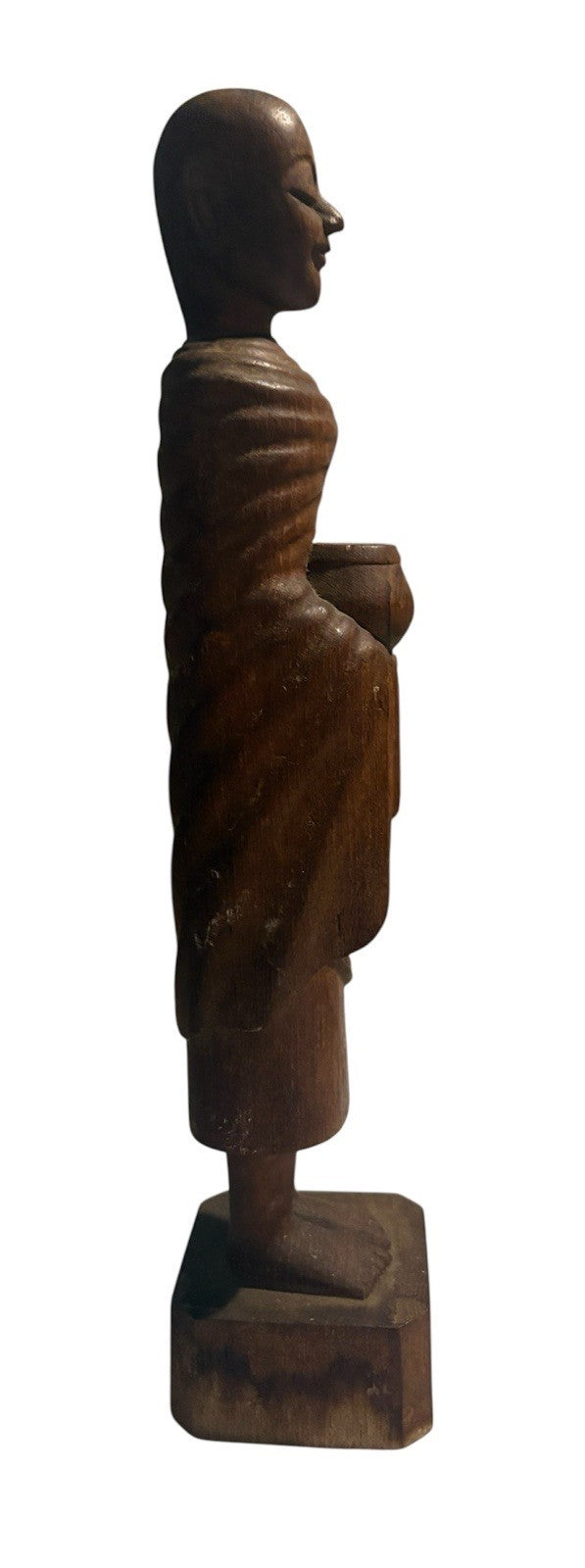 Hand Carved Wooden Buddhist Monk Statue 13” Thai Buddha Figure Alms Bowl