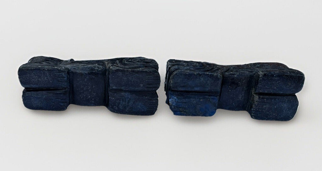 Set of Two Lapis Blue Hand Carved Foo Dogs Sculptures Vintage