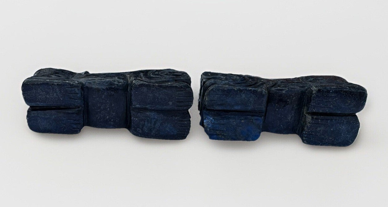 Set of Two Lapis Blue Hand Carved Foo Dogs Sculptures Vintage
