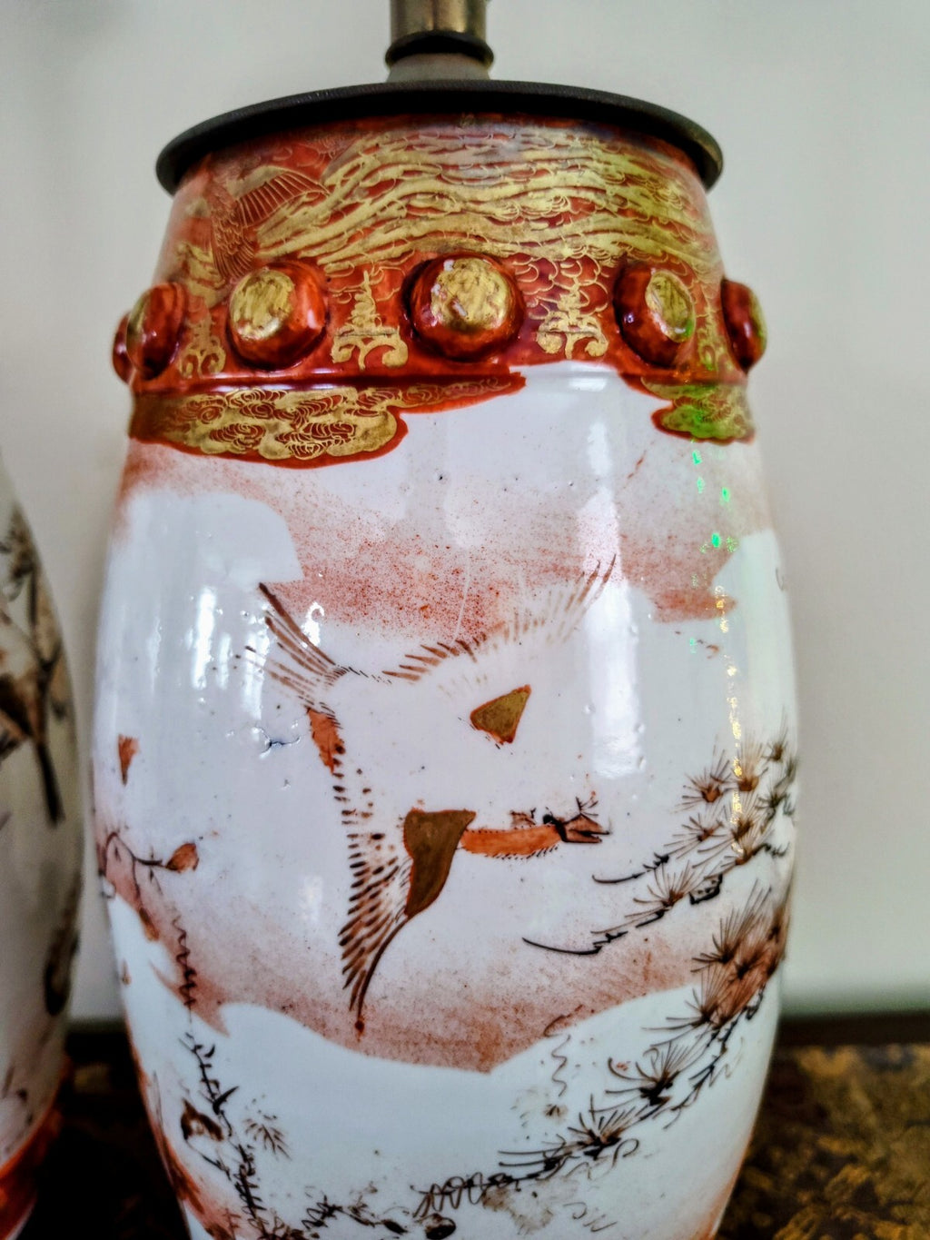 Pair Meiji Japanese Kutani Seizan Lamps, Gilt Birds & Cranes, Hand Painted