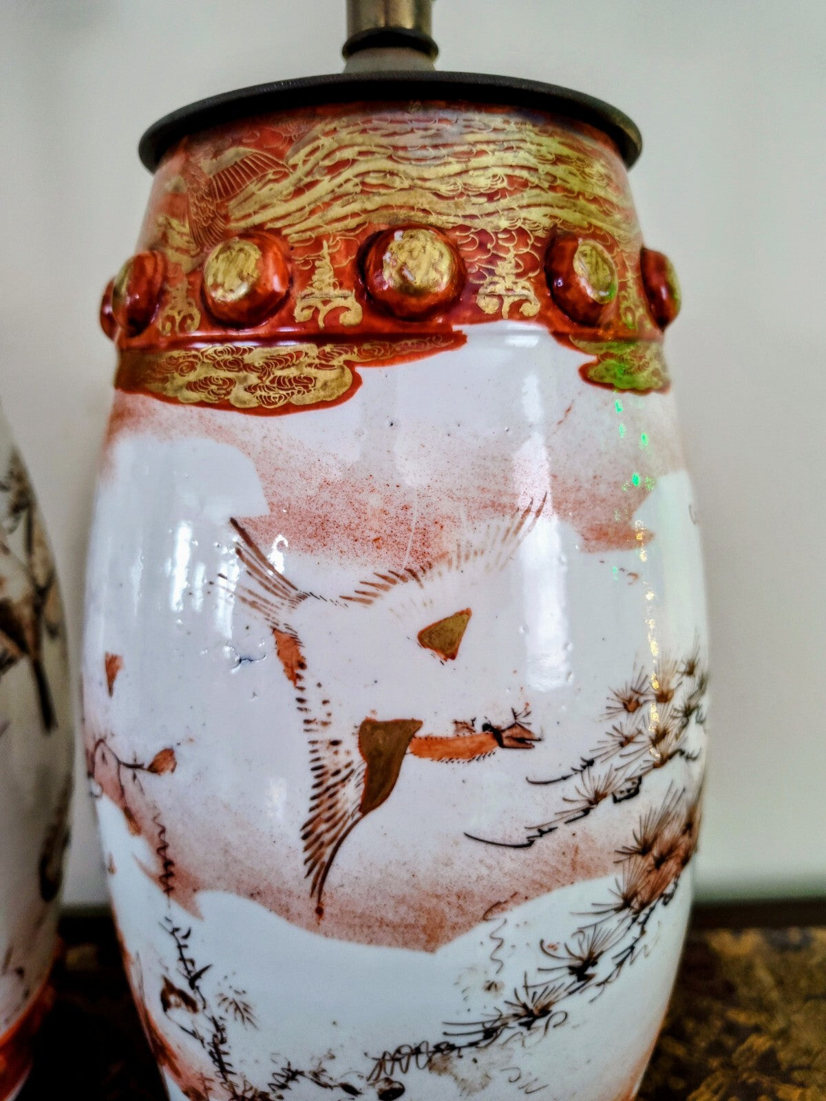 Pair Meiji Japanese Kutani Seizan Lamps, Gilt Birds & Cranes, Hand Painted