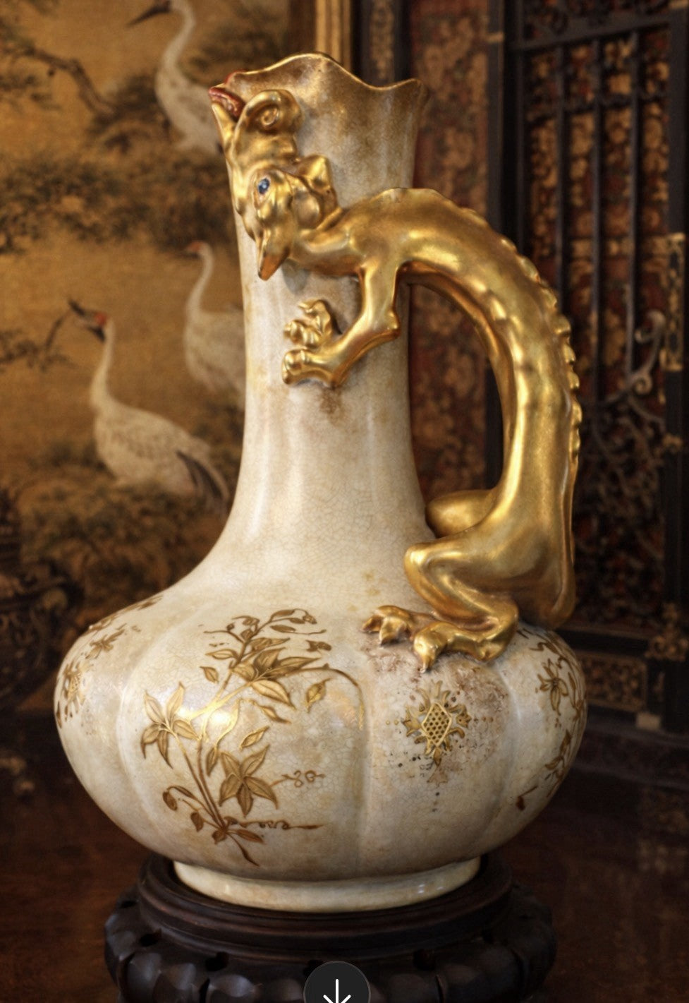 Antique Japanese Dragon Handle Porcelain Vase Gilt Art Nouveau c1900