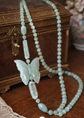 Vintage Jade Butterfly Necklace Celadon Green Beaded Asian  34”
