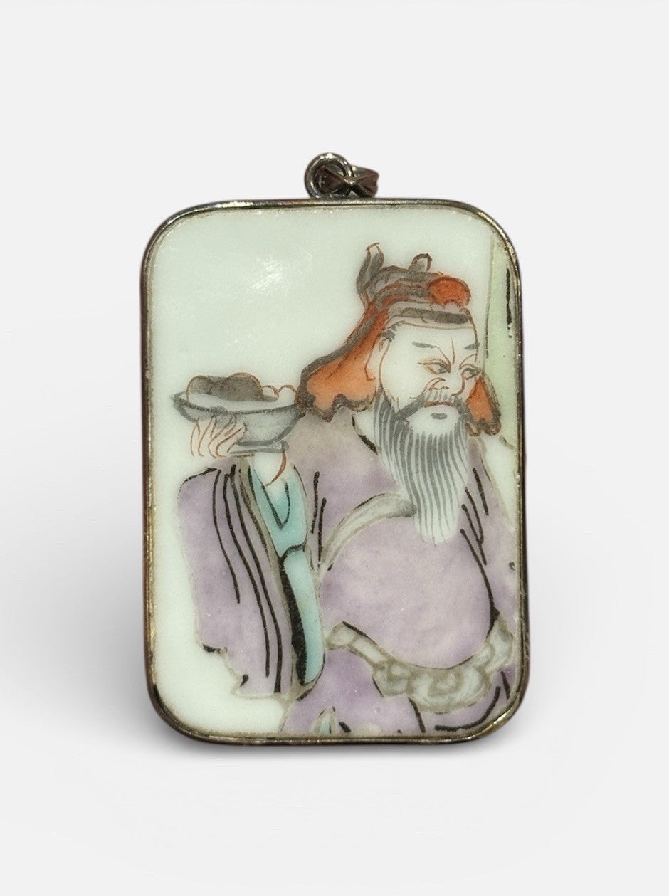 Vintage Chinese Hand Painted Porcelain Scholar Pendant 925 Sterling Silver
