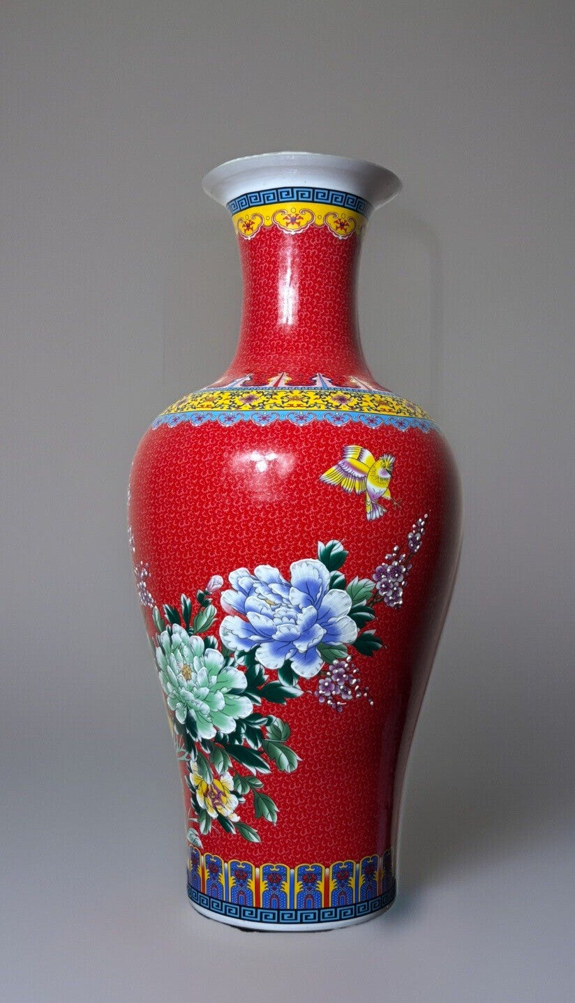 27” Chinese Large Floor Vase Floral Garden Flower Scenes With Birds