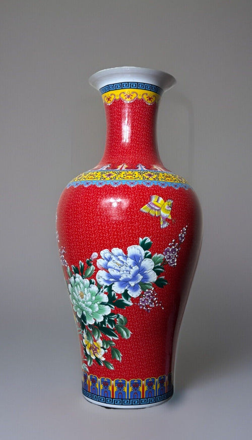 27” Chinese Large Floor Vase Floral Garden Flower Scenes With Birds