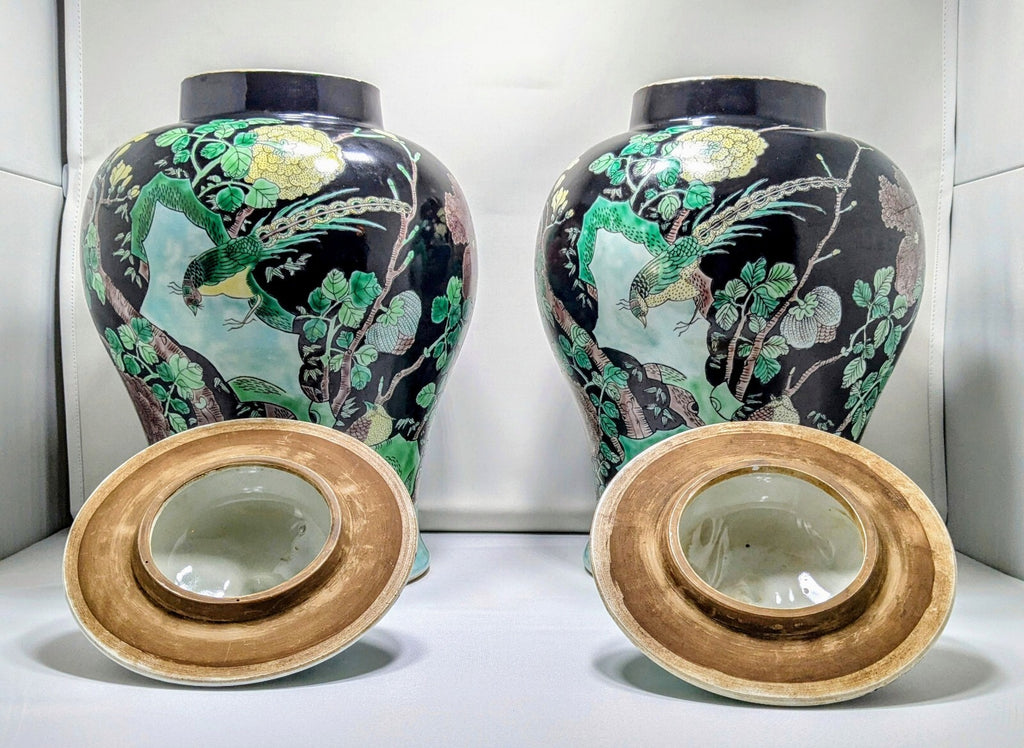 Pair Antique Chinese Famille Noire porcelain Lidded Jars-kangxi Mark Qing Black