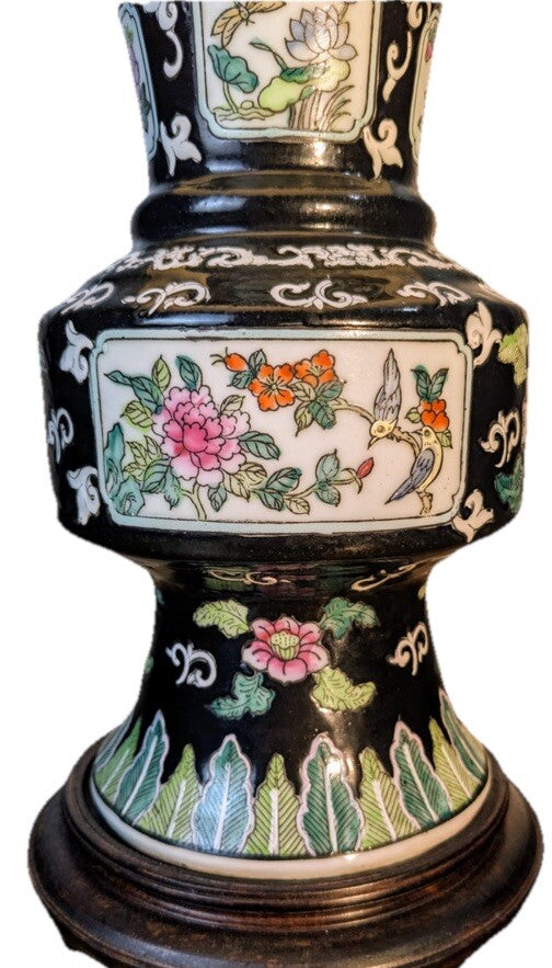 Vintage Asian Black Porcelain / Ceramic Lamp with Beautiful Flowers pattern
