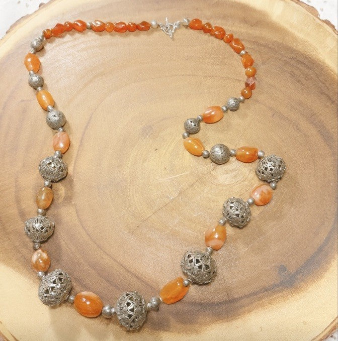 Vintage Sterling Silver 925 Carnelian Filigree Tribal Boho Necklace