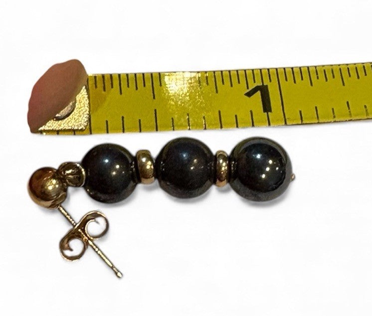 VTG Hematite Necklace & Earrings Set Solid 14K Gold Beads Posts 32”