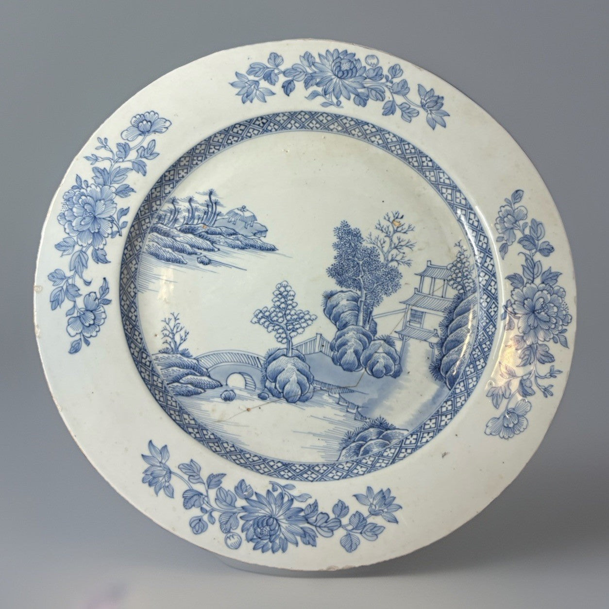 Antique Chinese Blue & White Landscape Charger 19th C. Qing 15” Hand Painted
