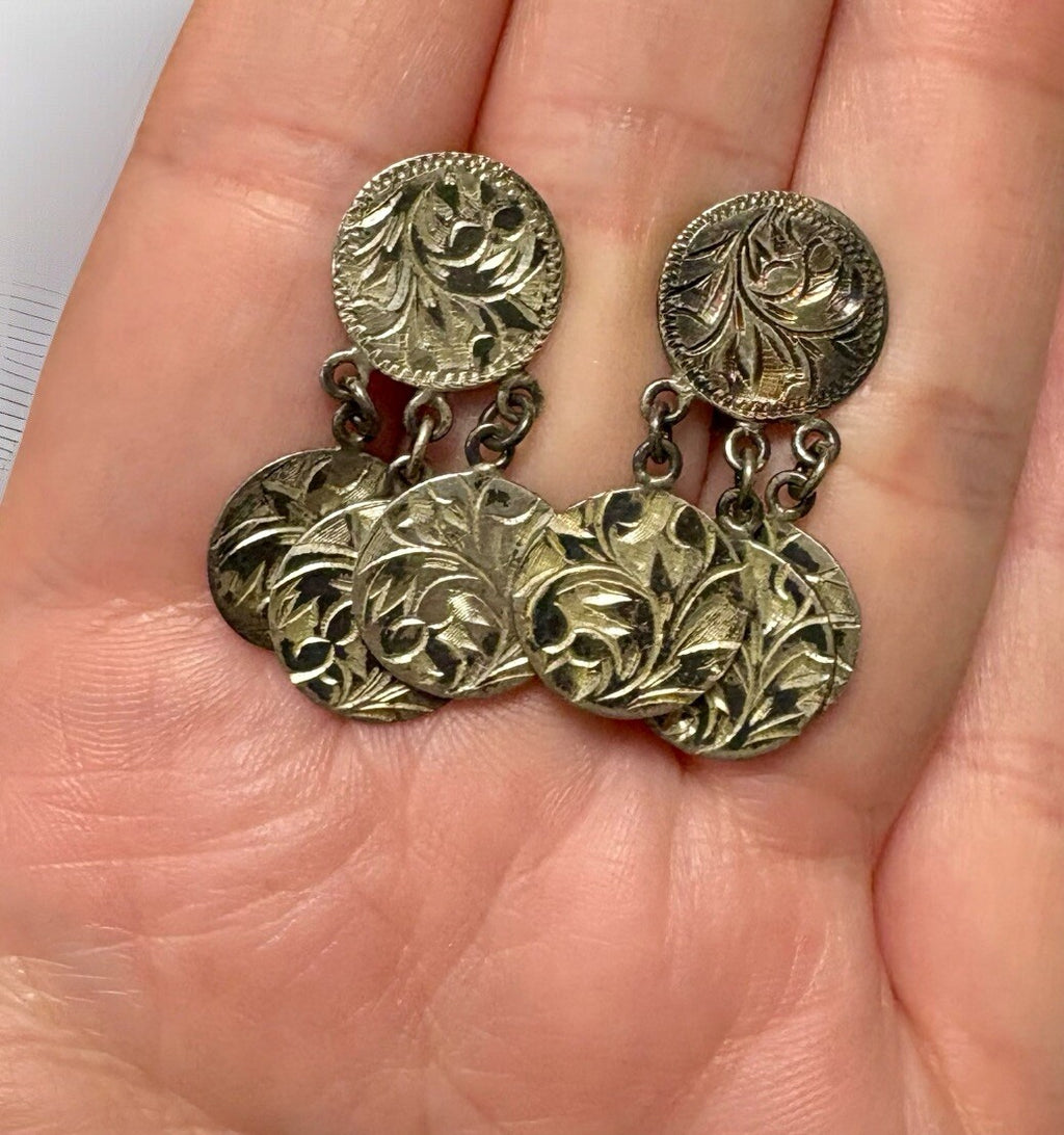 Vtg Ornate Signed STERLING Screw Back ETCHED Leaf Dangle Drop EARRINGS