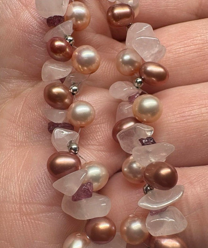 925 Sterling Pink Pearl Rose Quartz Garnet Necklace Vintage Gemstone 18