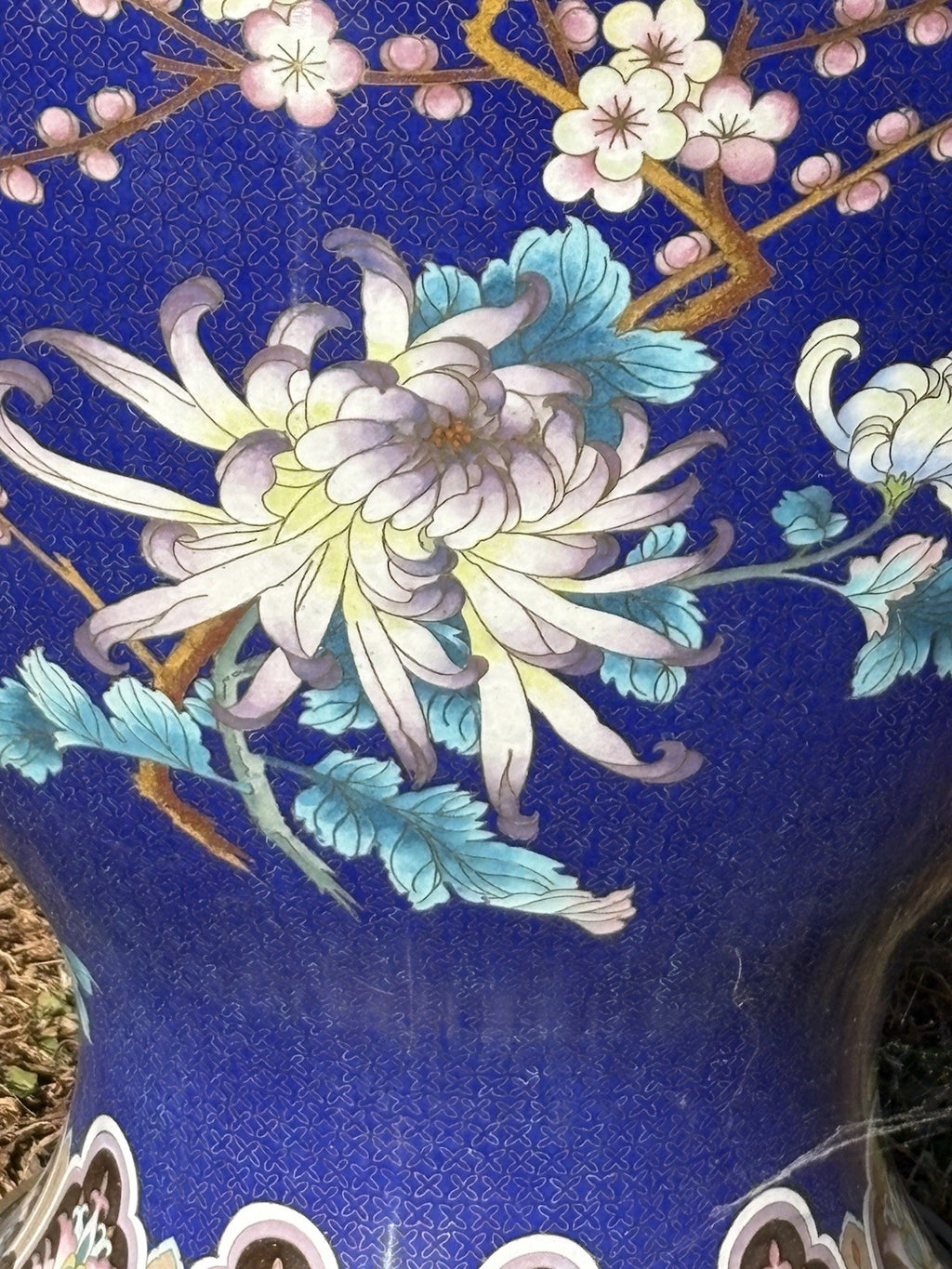 Large Vintage Cobalt Blue Cloisonné Style Vase Floral Birds Brass Rim Asian 30”