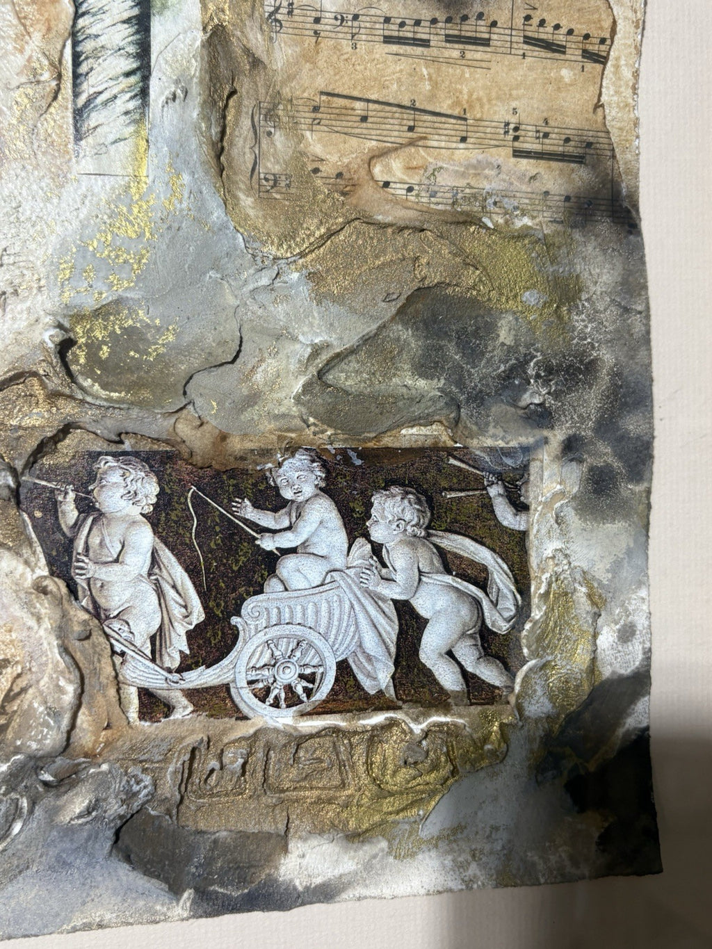 Linda Denison Mixed Media Collage Gold Leaf Art Framed Classical Scene