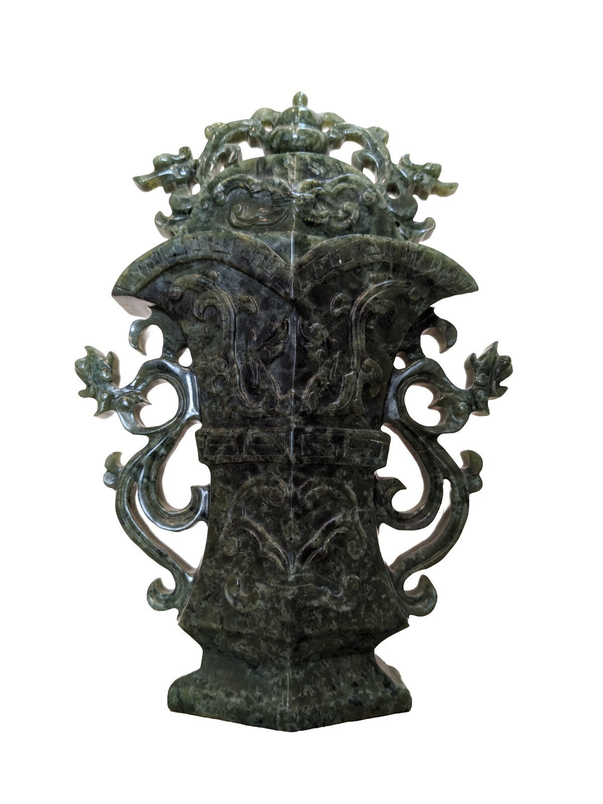 Antique Chinese Carved Green Jade Ritual Vase Archaistic Hu Form 11.5”