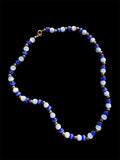 Vintage Blue & White Cat’s Eye Glass Bead Necklace Gold Tone Spacers 16”
