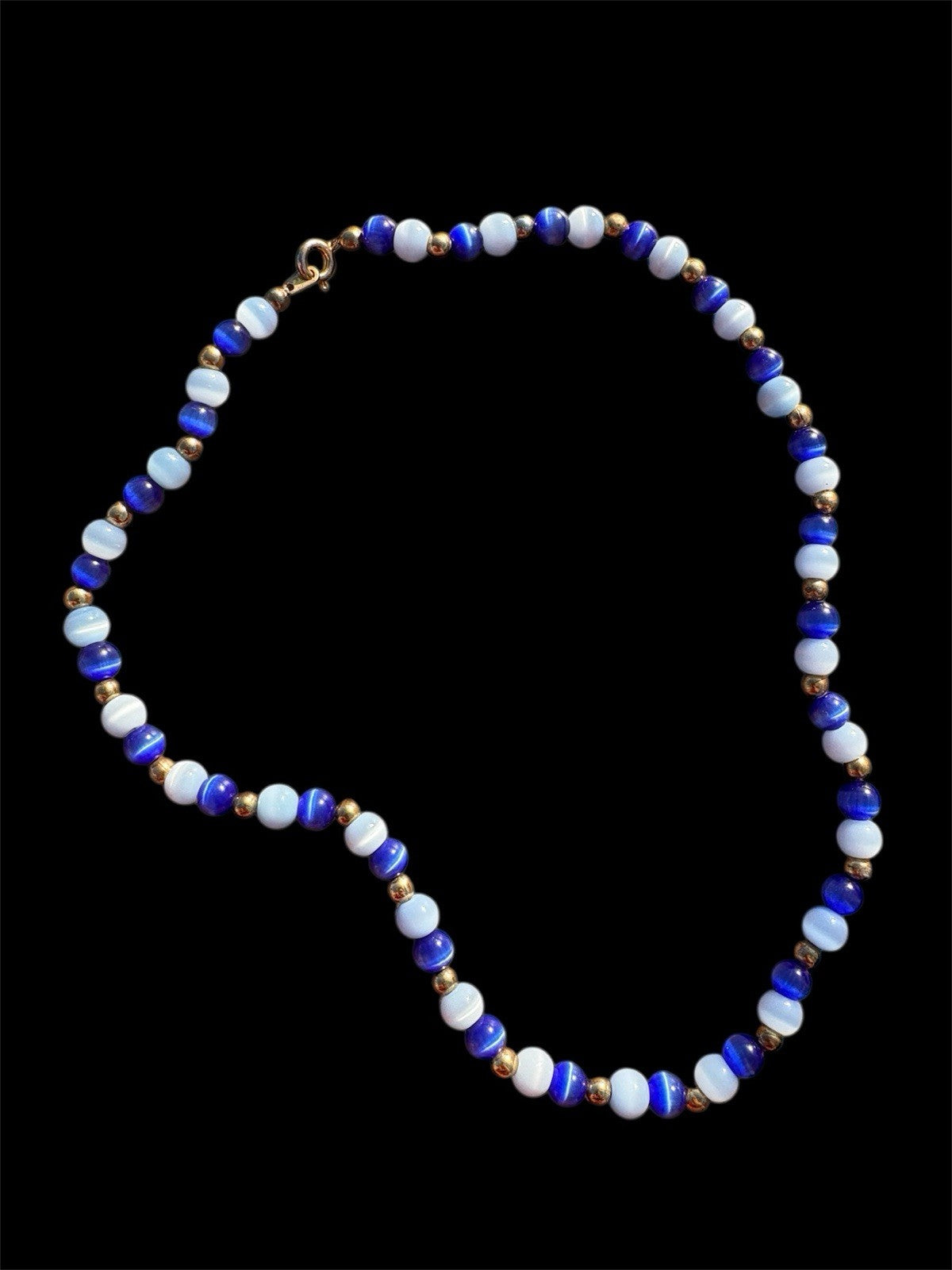 Vintage Blue & White Cat’s Eye Glass Bead Necklace Gold Tone Spacers 16”
