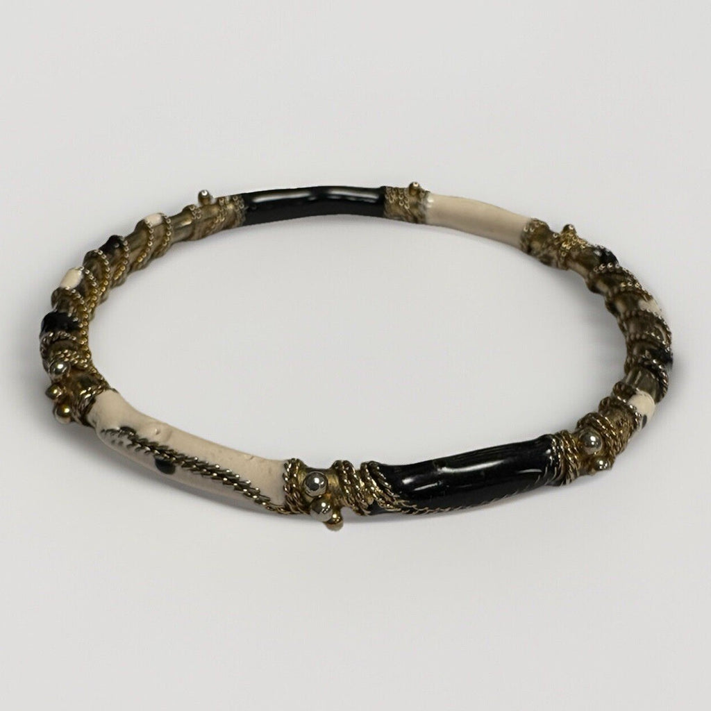Black & White Enamel, Gold Tone Textured Rope Design Thin Bangle Bracelet