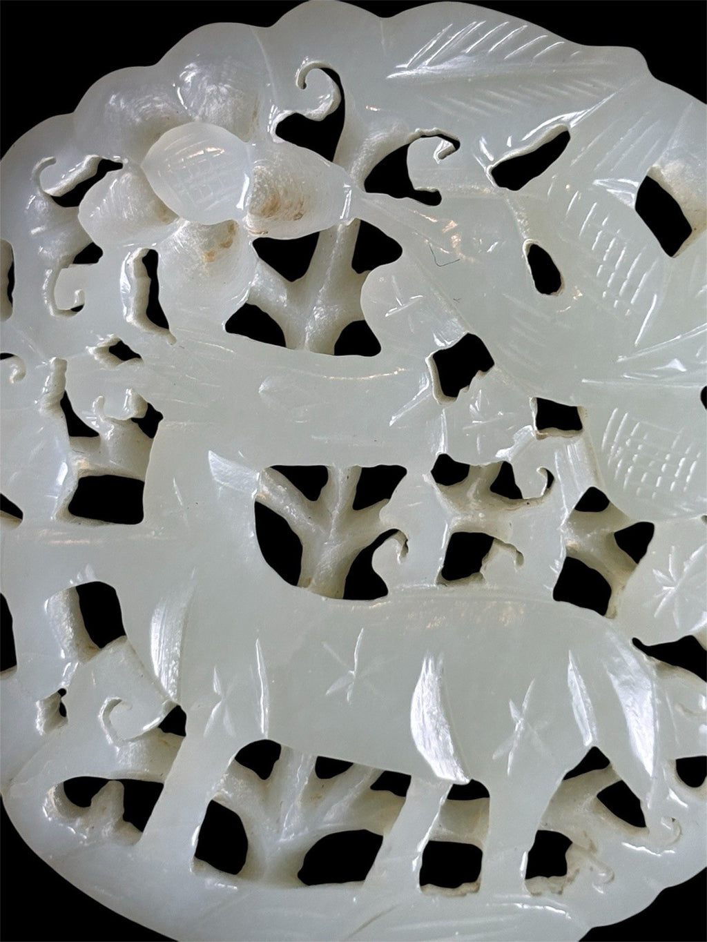 Qing Dynasty White Jade Plaque – Deer & Phoenix Under Blossoms, 18th-19th C.