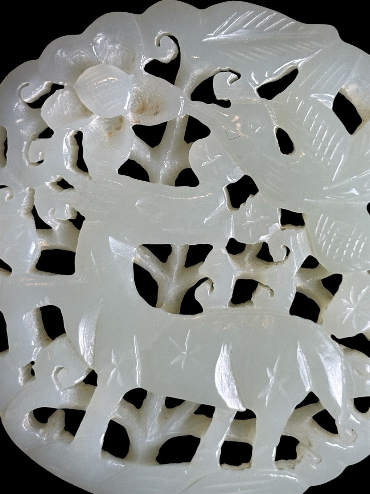 Qing Dynasty White Jade Plaque – Deer & Phoenix Under Blossoms, 18th-19th C.