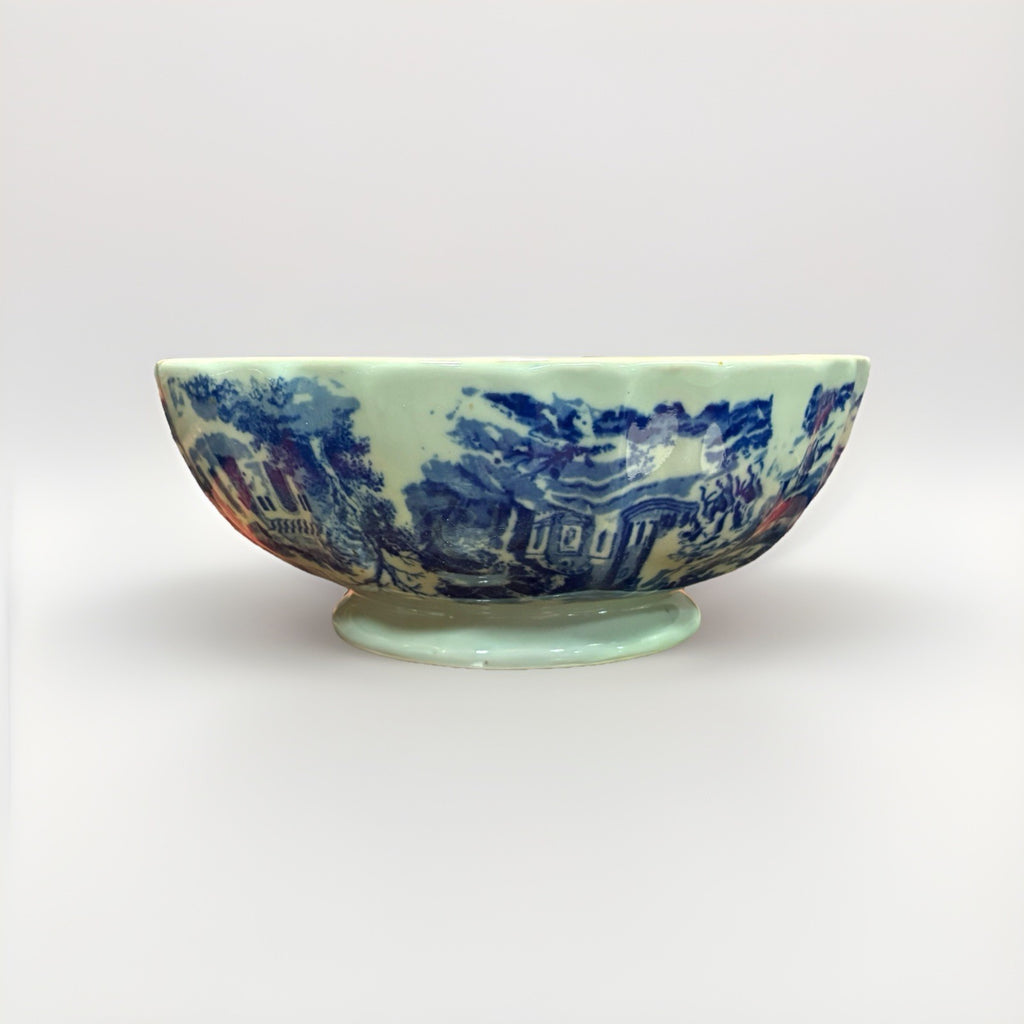 Antique Victoria Ware Ironstone Bowl Upside-Down Scene Blue Transfer c1900 Rare