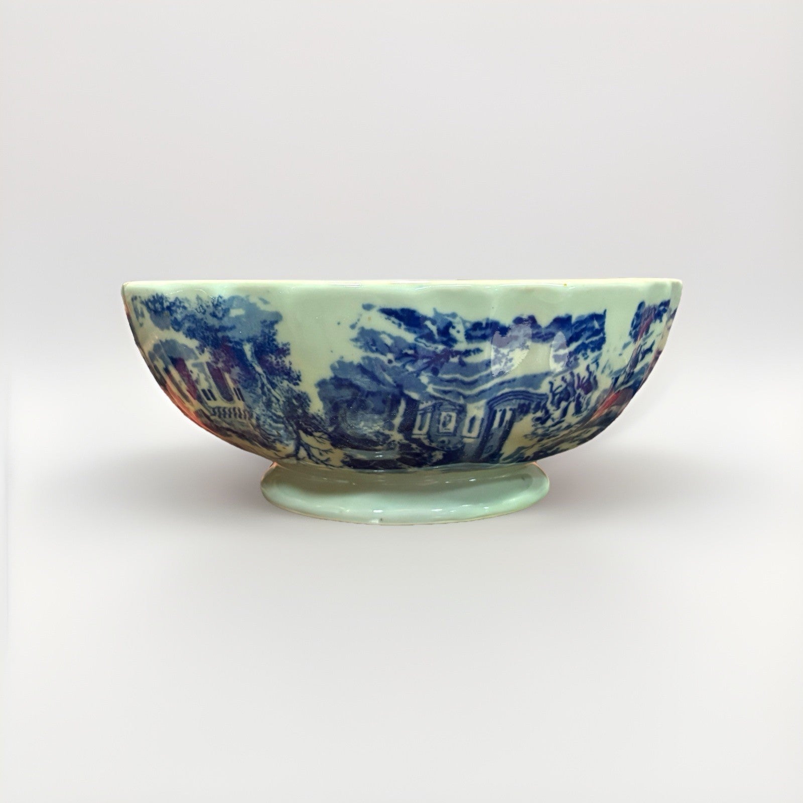 Antique Victoria Ware Ironstone Bowl Upside-Down Scene Blue Transfer c1900 Rare
