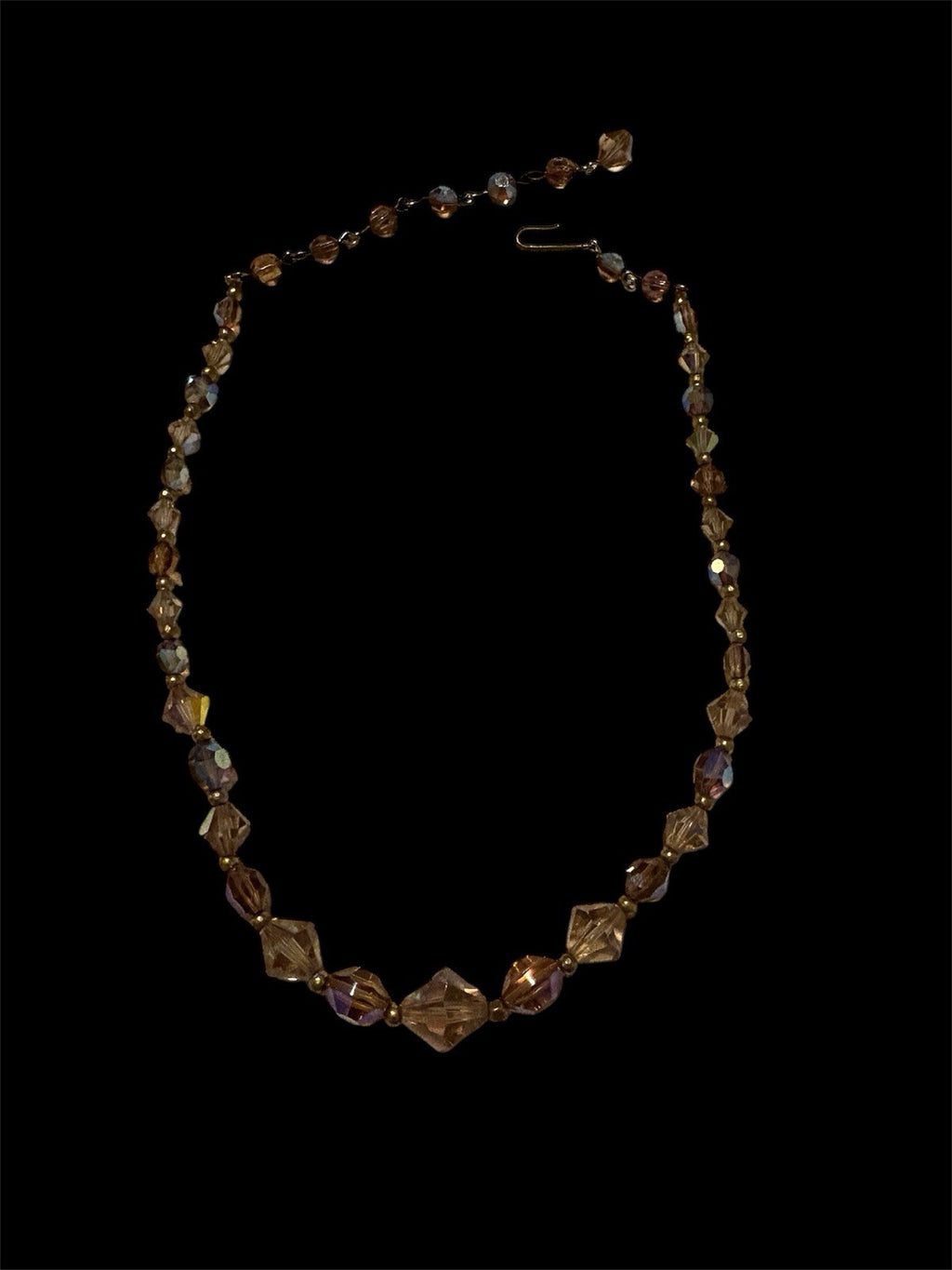 Vintage Peach AB Crystal Bead Necklace 15” Faceted Glass Choker Hook Clasp