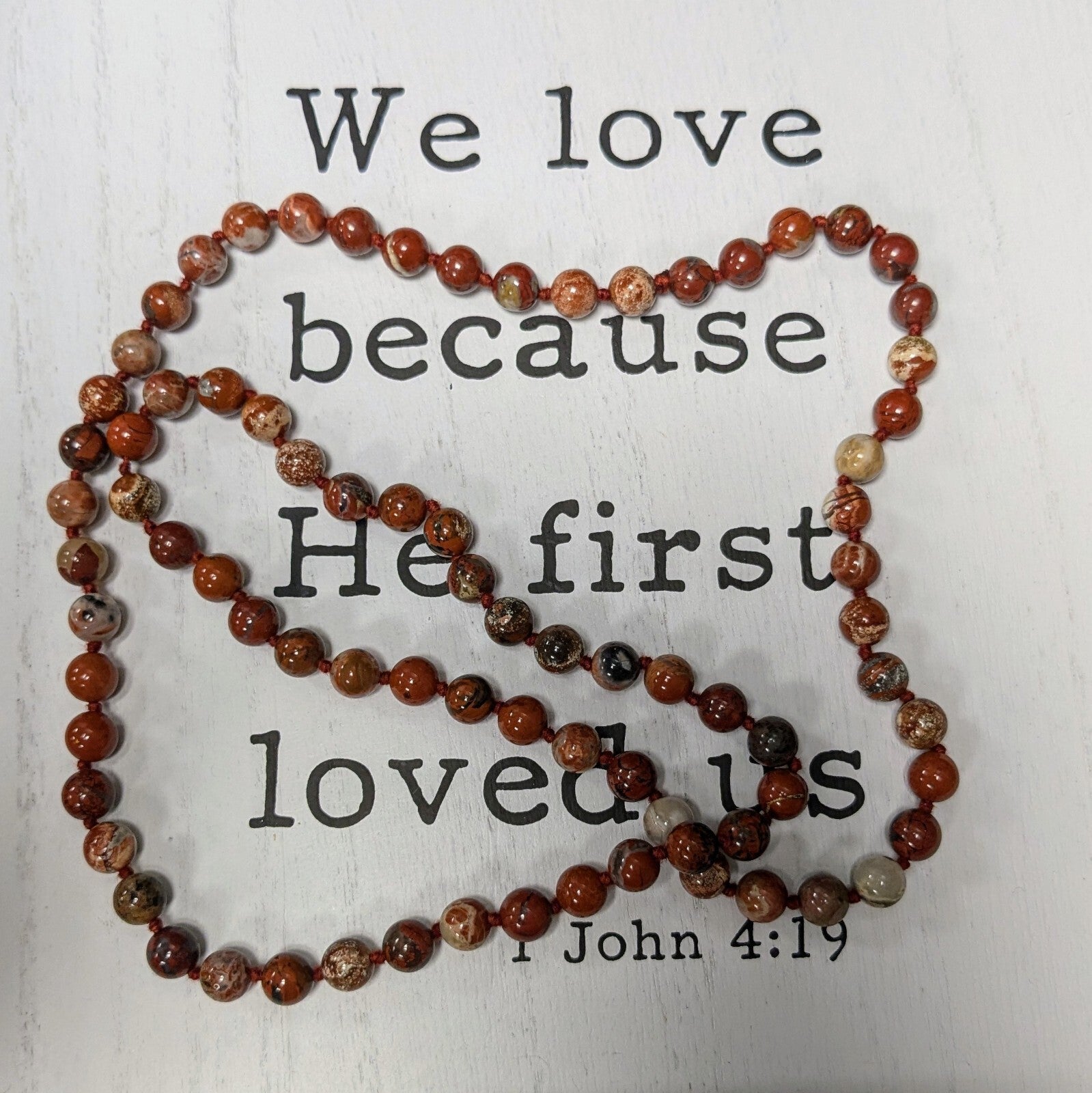 30” Natural Round Red Leopard Skin Jasper Hand Knotted Beaded Necklace