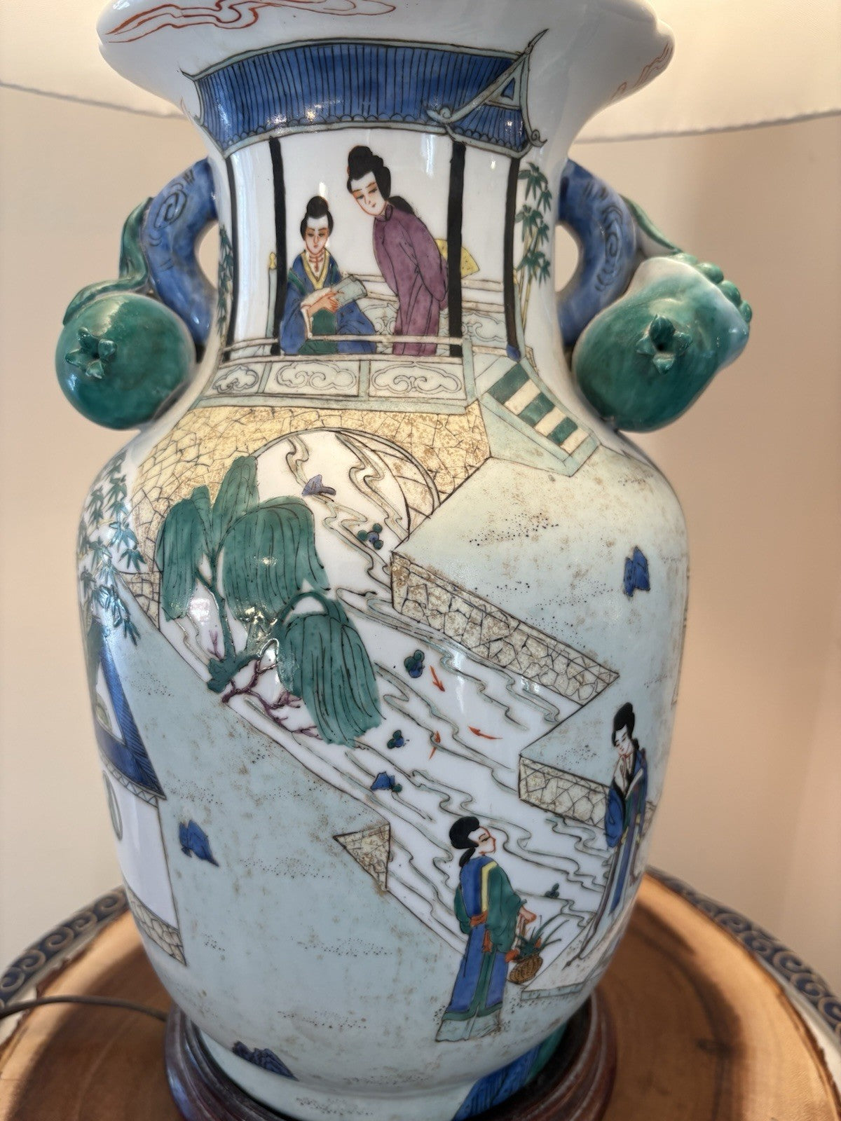 Antique Chinese Famille Rose Porcelain Figural Table Lamp w/ Relief Flowers 29”
