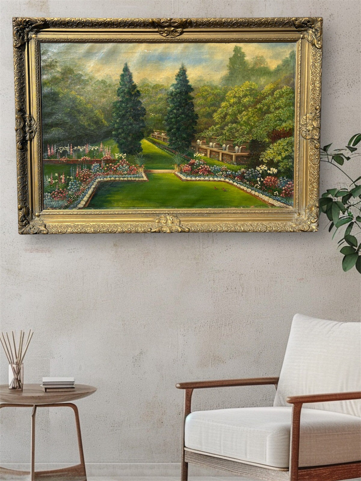 Franklin Barrett 1929 Original Oil Painting Garden Scene 42x30 Gilt Frame