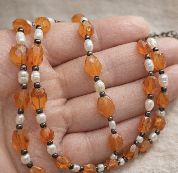 Vintage 925 Sterling Carnelian Pearl Double Strand Necklace Artisan Estate 18”