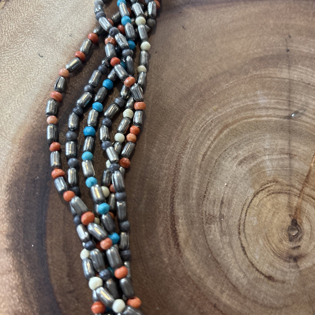 70s Boho Southwestern Nickel Silver Turquoise Coral Bead Multi Strand Necklace