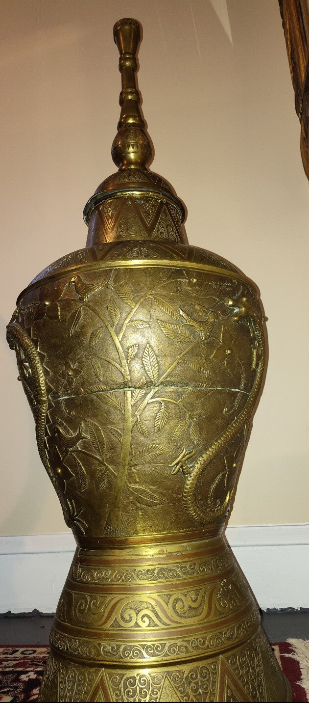 Antique Large Brass Engraved Temple Urn 47.75” Dragon Bird Asian Decor