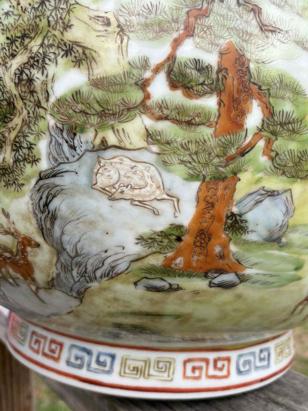 Antique Chinese Famille Rose Deer & Pine Vase Qianlong Mark Late Qing 18”