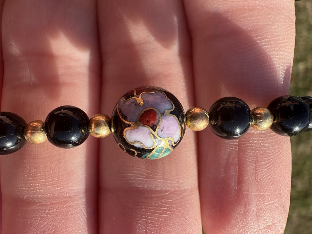 Vintage Black Onyx Beaded Necklace Cloisonné Floral Beads Gold Tone