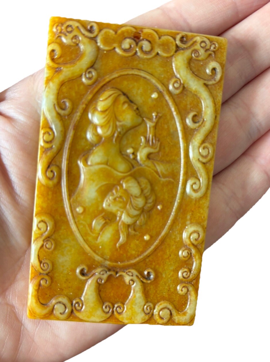 Qing Dynasty Yellow Jade Poetic Plaque – Double-Sided Carving of Beauty & Verse