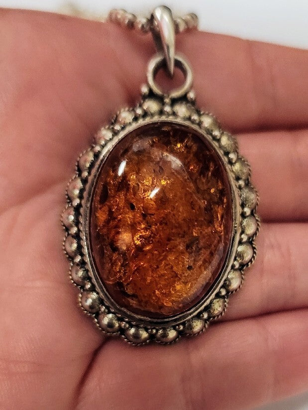 Genuine Natural AMBER Stone PENDANT with Sterling Silver 925 With Chain