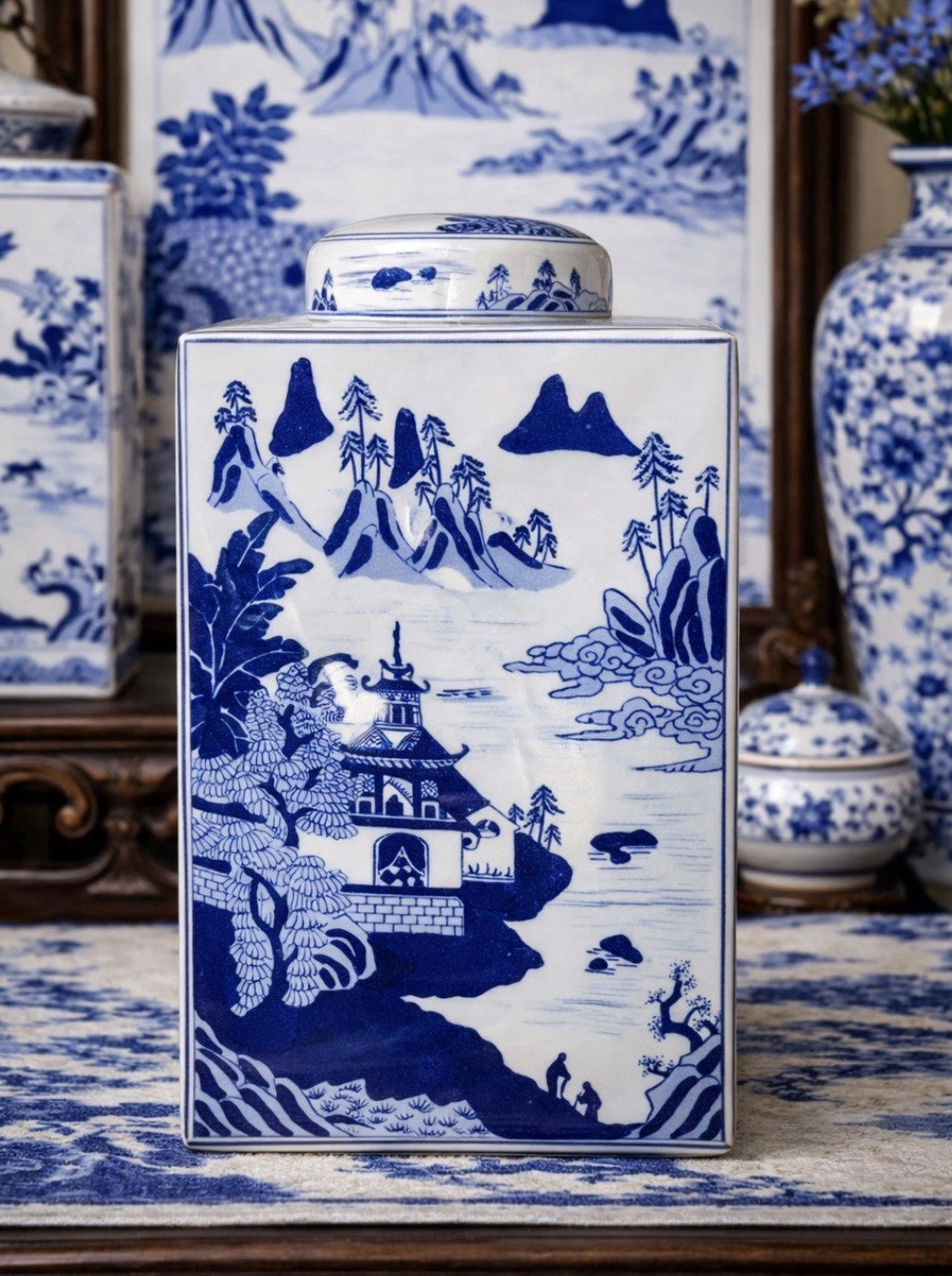 Elegant Blue & White Porcelain Tea Caddy – Hand-Painted Asian Landscape Jar 15”