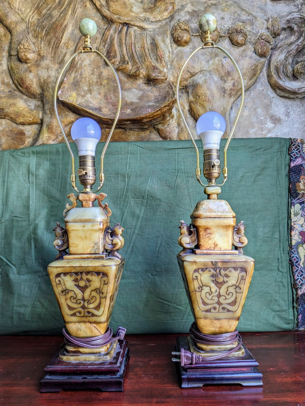 Pair of Chinese Carved Alabaster Lamps With Birds and Dragons
