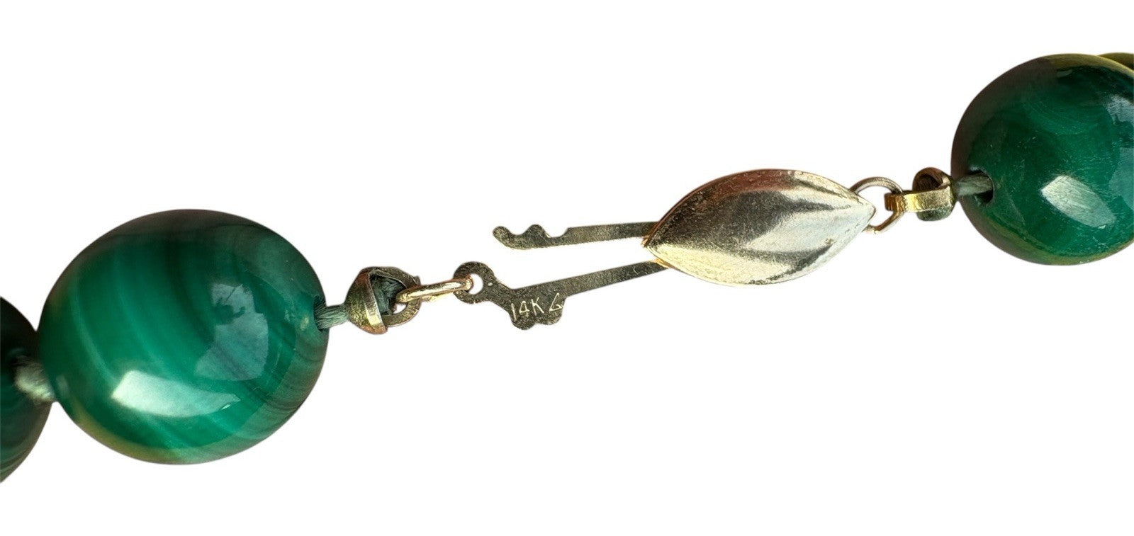 14k Vintage 57-Bead Natural Malachite Necklace with Solid 14K Gold Clasp