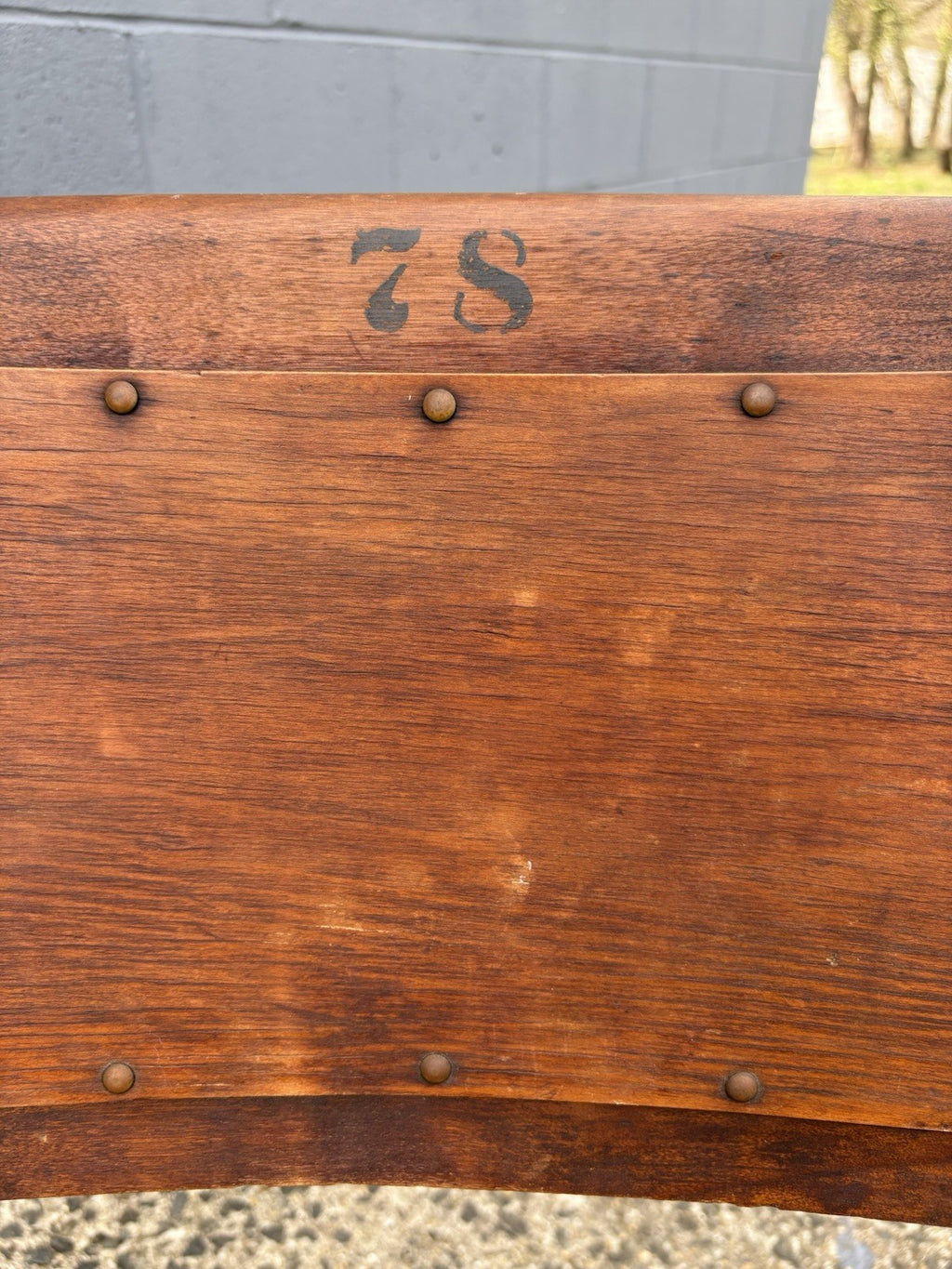 Antique Wooden Folding Chair w/ Leather Seat – Primitive Industrial Stenciled 78