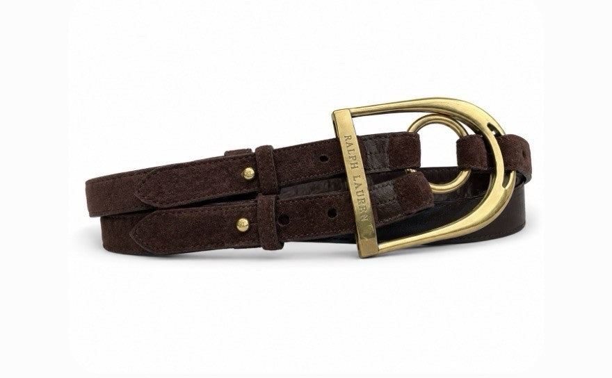 Ralph Lauren Collection Brown Suede Leather Equestrian Belt Brass Buckle M Italy