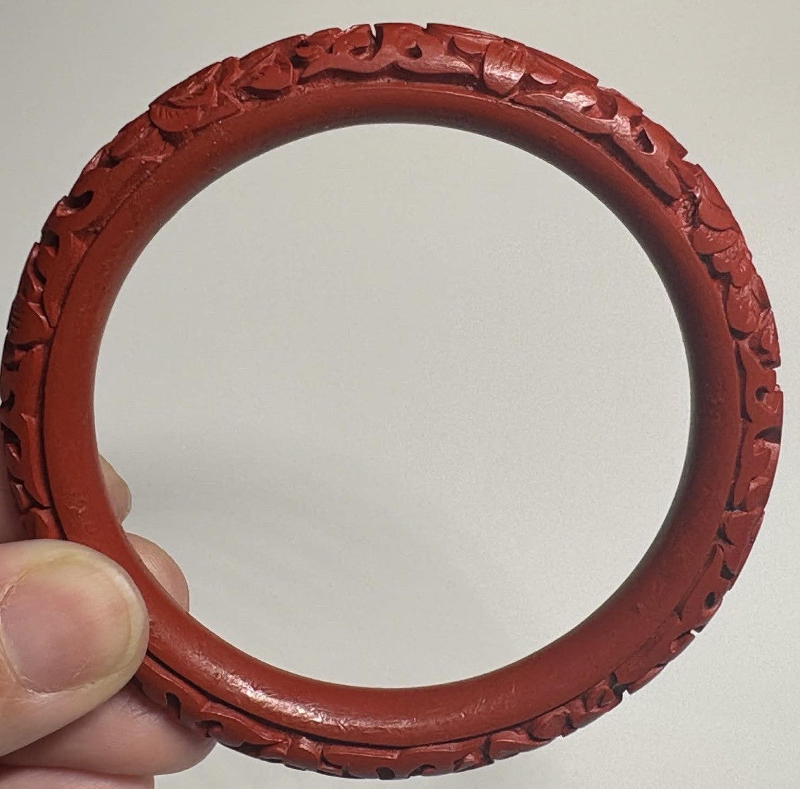 Vintage Chinese Cinnabar Carved Bangle Bracelet Floral Peony Lacquer