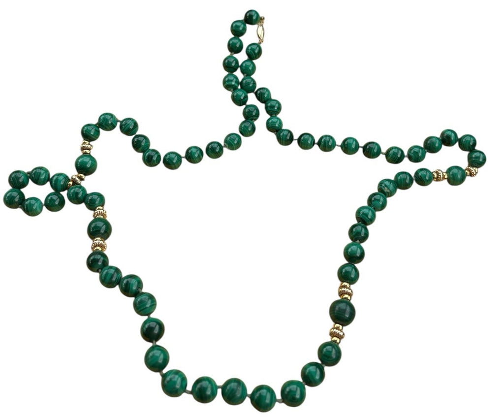 14k Vintage 57-Bead Natural Malachite Necklace with Solid 14K Gold Clasp