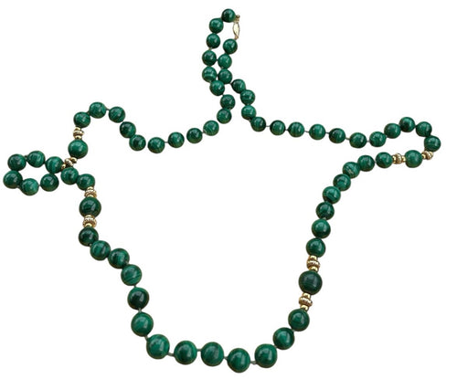 14k Vintage 57-Bead Natural Malachite Necklace with Solid 14K Gold Clasp