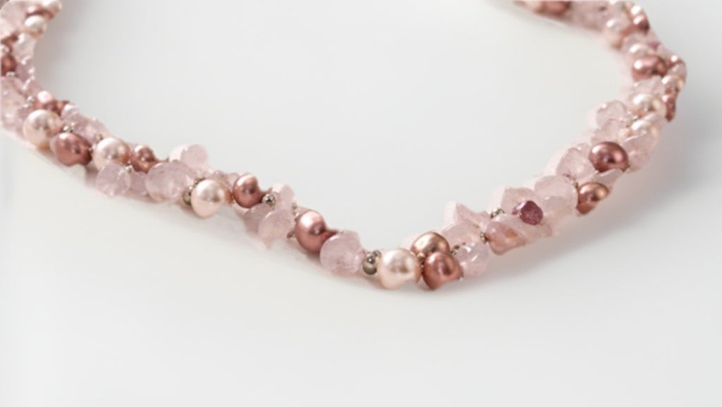 925 Sterling Pink Pearl Rose Quartz Garnet Necklace Vintage Gemstone 18