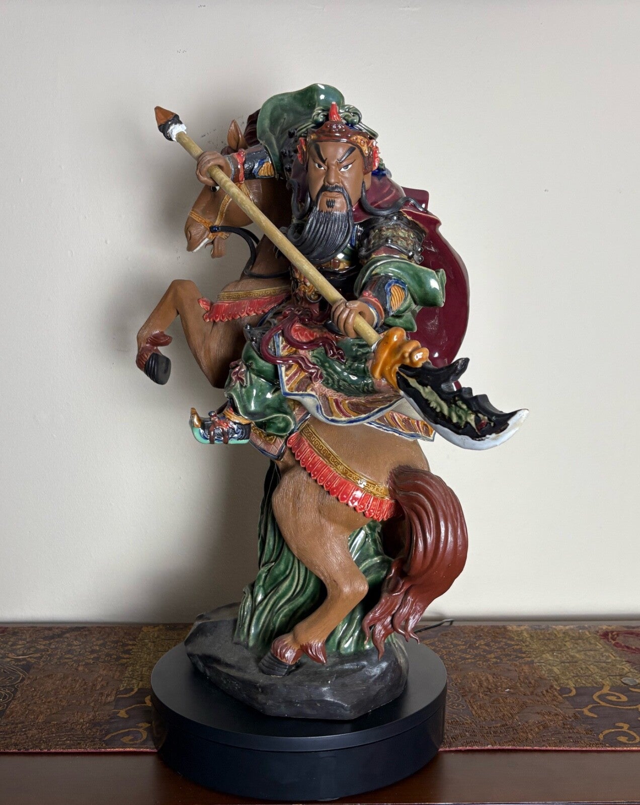 Antique Porcelain Painting Guan Gong Yu Warrior God Ride Horse Knife Statue  22”