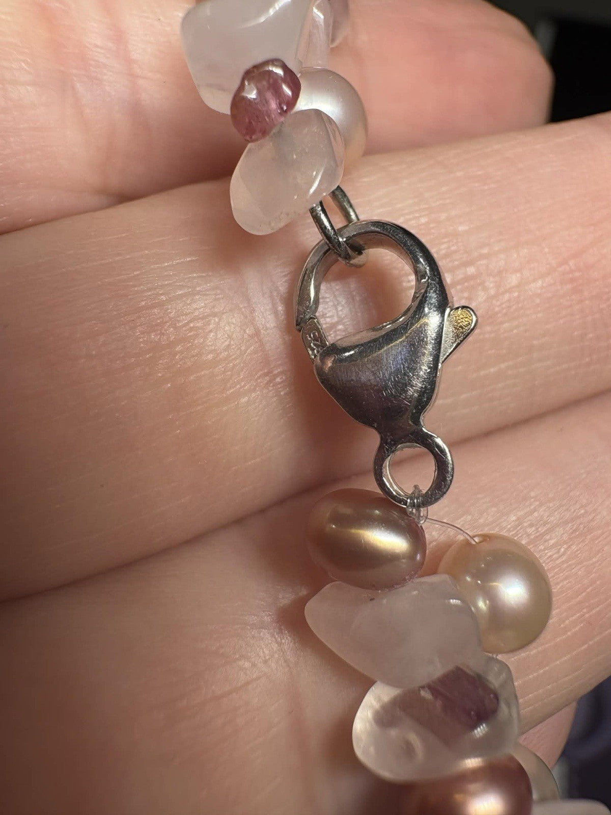 925 Sterling Pink Pearl Rose Quartz Garnet Necklace Vintage Gemstone 18