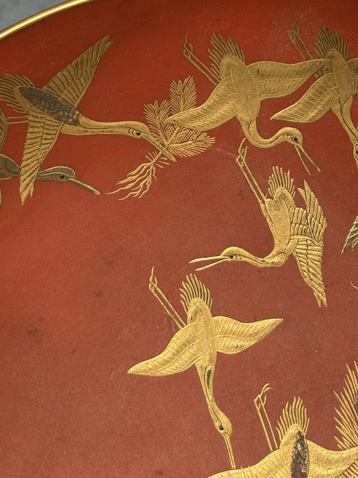 Antique Japanese Red Lacquer Plate Gold Cranes Pine Maki-e Meiji Style 8”